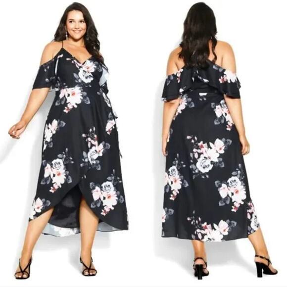 New! City Chic Black Lotus Dress - Black Floral Print, Plus Size 22